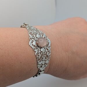 Elegant Silver Plated Lace Bracelet with Pink Stone